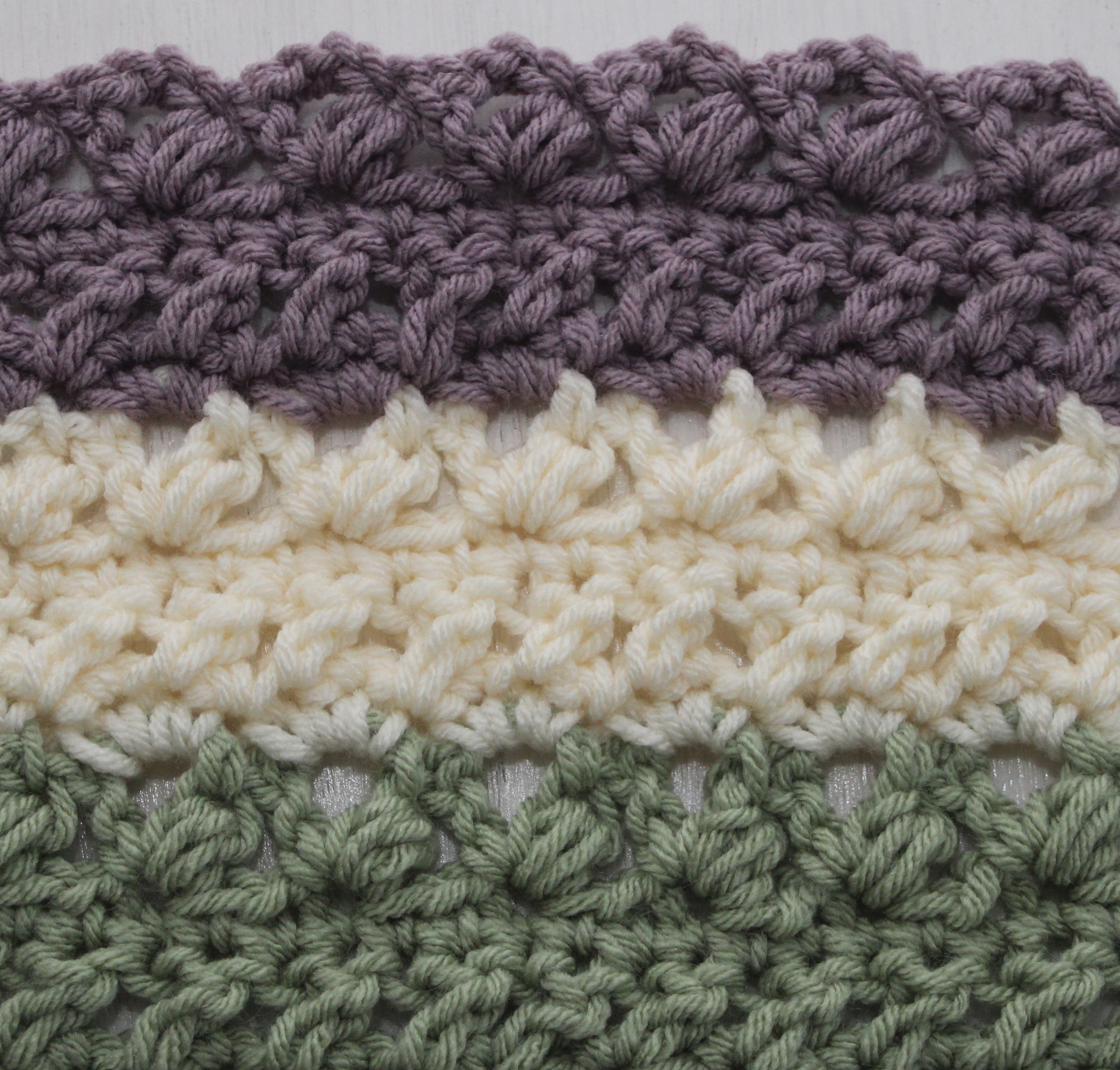 purple, gree, and ivory crocheted swatch