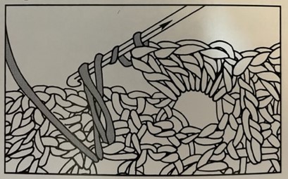 drawing showing the second step in the front post treble crochet stitch