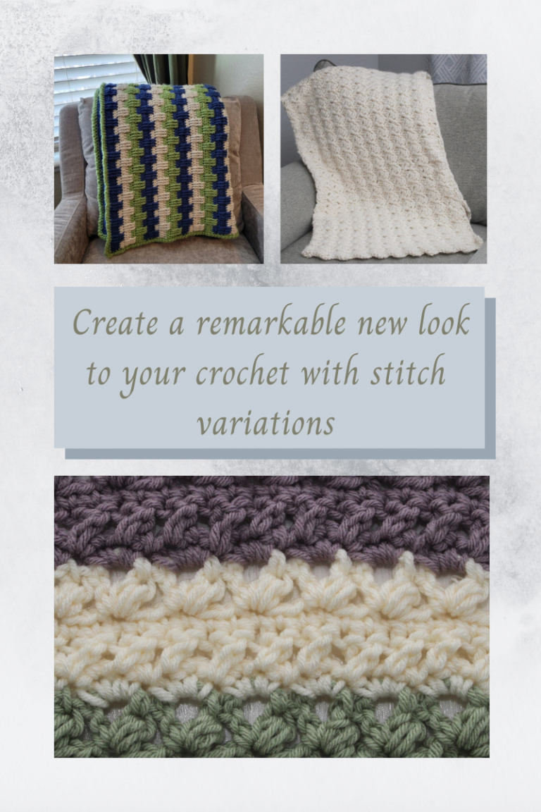 afghans drape over chairs, crochet swatch of green ivory and purple