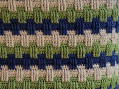 Rows of texture in green, blue, and ivory crochet raised stitch up close rows of texture afghan