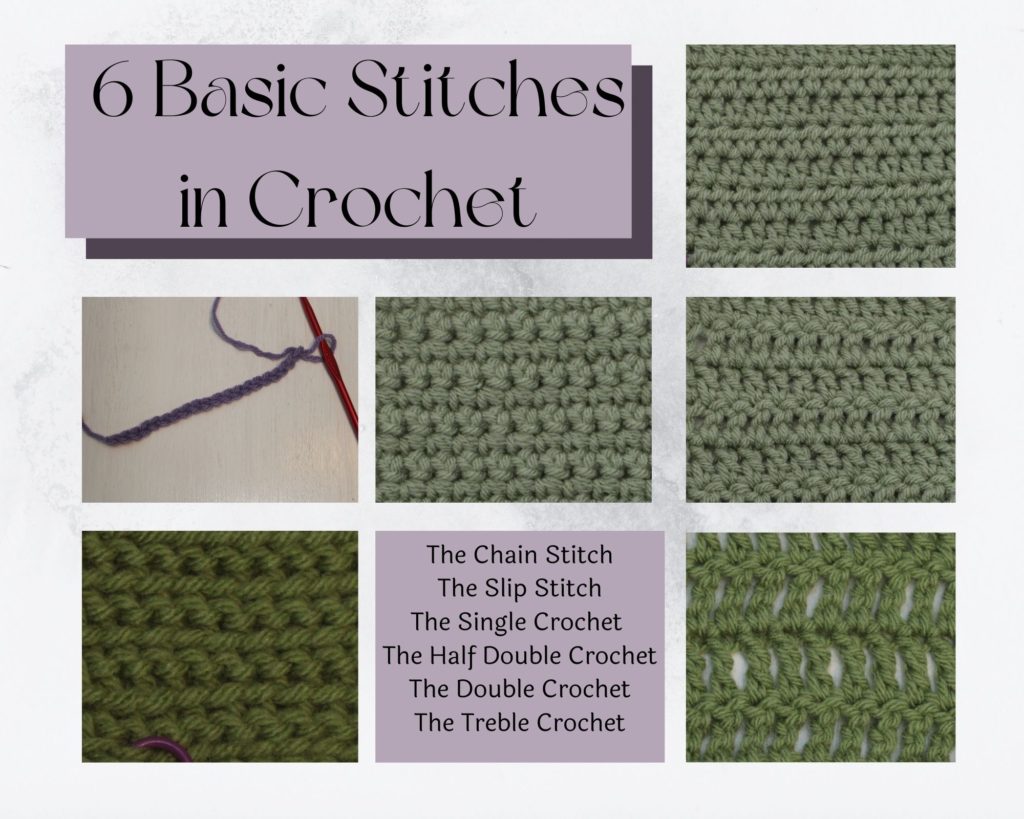 collage of the six basic crochet stitches
