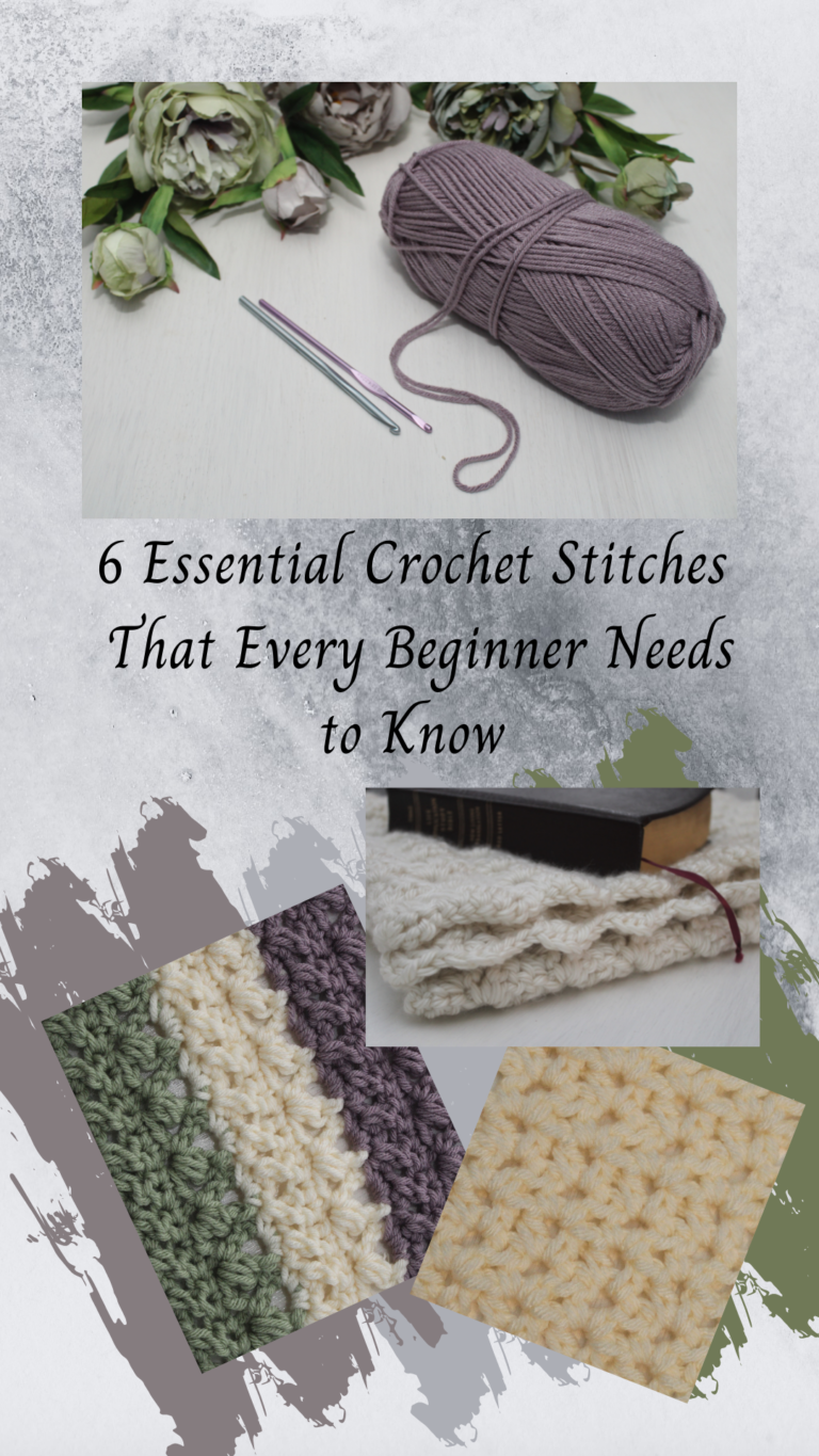 purple yarn with crochet hook on top with crochet stitch samples and ivory shawl folded with a bible on top below. 6 essential crochet stisches that every beginner needs to know is in the middle