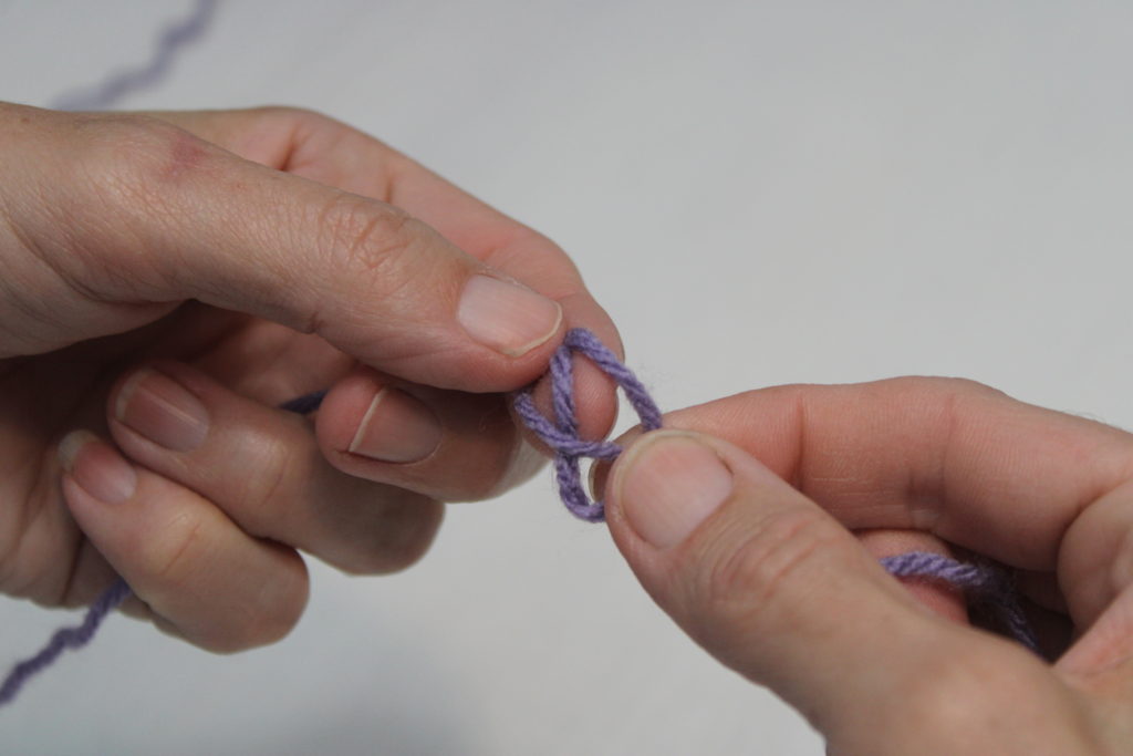 slip knot, pushing working yarn through loop made