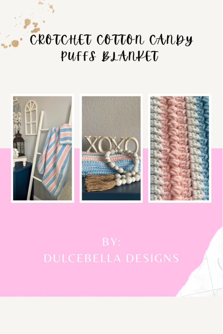 a pink and white ad with three pictures of a pink , shite, and blue afghan