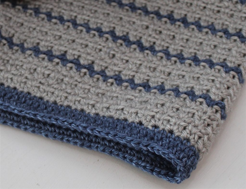 up close view of the border of grey and blue afghan